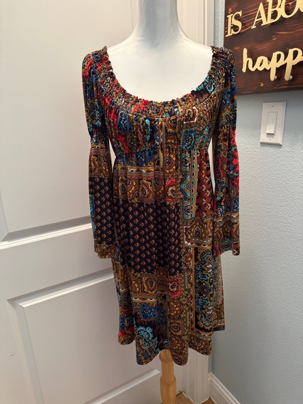 Muse Brown Multi-Color Patchwork Long-Sleeve Dress